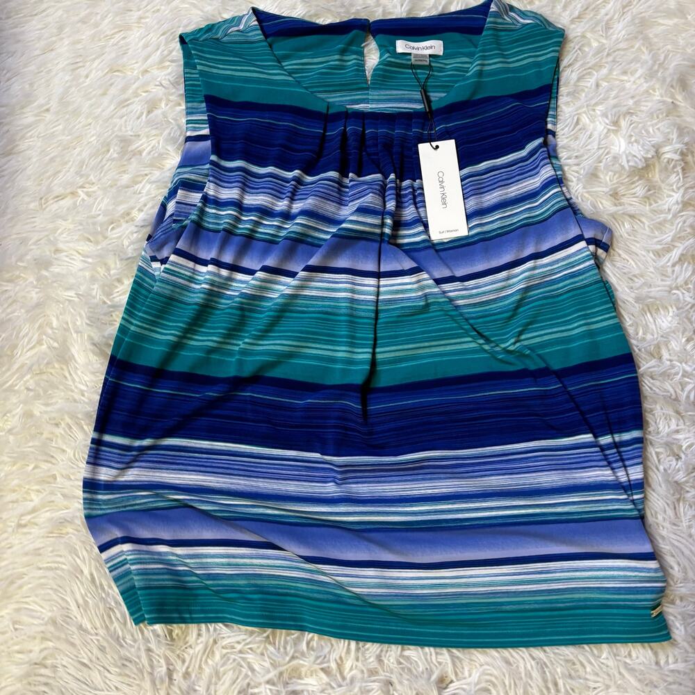 Calvin Klein Blue Green Striped Blouse Top Shirt xl